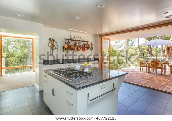 Kitchen Opens Patio Large Windows Outdoorindoor Stock Photo Edit Now   Kitchen Opens Patio Large Windows 600w 489722125 