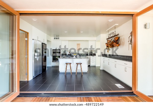 Kitchen Opens Patio Large Windows Outdoorindoor Stock Photo Edit Now   Kitchen Opens Patio Large Windows 600w 489722149 