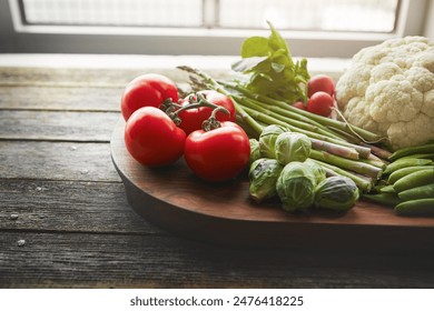 Kitchen, organic and vegetables on wood board for cooking with nutrition, healthy vegan diet and ingredients for soup. Natural produce, food and grocery on table for wellness and lunch or dinner - Powered by Shutterstock