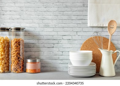 Kitchen Pantry, Jars And Containers With Food, Food Storage. Jars Of Cereals, Kitchen Utensils, Copy Space