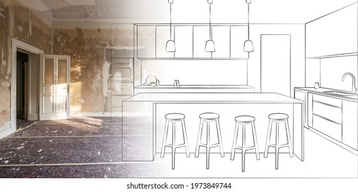 kitchen plan illustration and room berfore renovation concept drawing -  