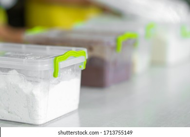 Kitchen, Plastic Transparent Box With Flour. Ingredients For Cooking.