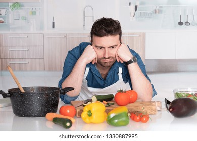 Kitchen Problem And Worried Man Don't Know What To Do