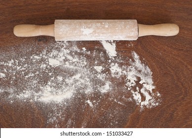 Kitchen Rolling Pin, Flour On Wooden Background 