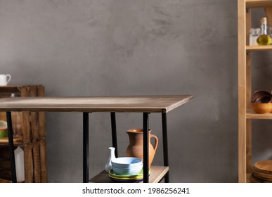 Kitchen Room And Empty Crockery Or Ceramic Dishes Set. Clay Dishware And Tableware With Wooden Table Near  Wall Background Texture