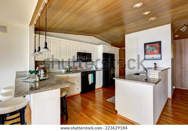 Kitchen Room Paneled Ceiling White Cabinets Stock Image