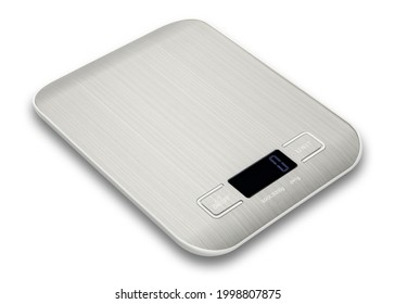 Kitchen Scale. Digital Food Scale. Multifunction Accuracy Scale LCD Display. Scale For Post Parcel Or Package. Stainless Steel Surface. Measure In Oz, Lb, G, Kg, Ml, Milk Ml. White Isolated Background