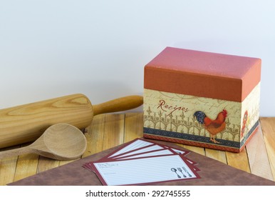 Kitchen Scene With Recipe Box And Cards, Rolling Pin And Wooden Spoon