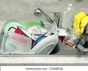 Kitchen Sink Full Of Dirty Kitchenware