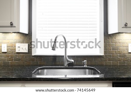 A kitchen sink and window centered in a kitchen