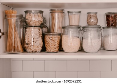 Kitchen Storage Organization. Zero Waste, Plastic Free. Pasta, Grains In Glass Jars. Organic Food. Home Cooking. Pantry Food Cabinet. Nutrition Food. Glass Containers. Food Preparation. Stay Home.