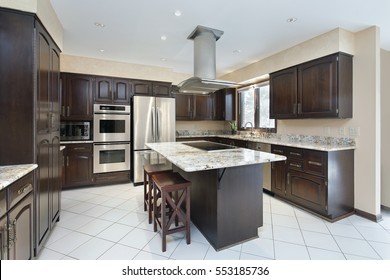 Kitchen In Suburban Home With Stove-top Island.