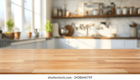 kitchen table background, wood counter top on blur of white clean abstract home interior with bokeh.  used for display or montage your wooden for dining background. tabl banner, podium - Powered by Shutterstock