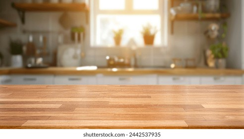 kitchen table background, wood counter top on blur of white clean abstract home interior with bokeh.  used for display or montage your wooden for dining background. tabl banner, podium