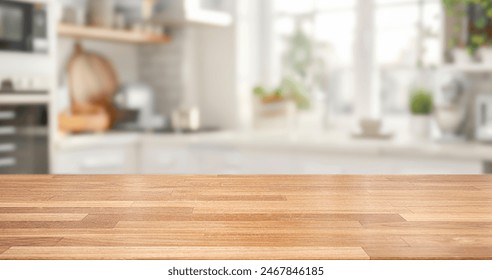 kitchen table background, wood counter top on blur of white clean abstract home interior with bokeh.  used for display or montage your wooden for dining background. table banner - Powered by Shutterstock