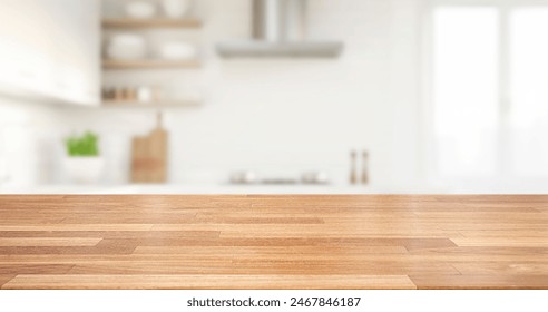 kitchen table background, wood counter top on blur of white clean abstract home interior with bokeh.  used for display or montage your wooden for dining background. table banner - Powered by Shutterstock