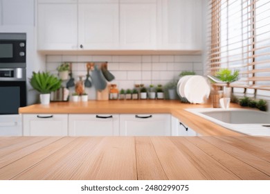 kitchen table background, wood counter top on blur of white clean abstract home interior with bokeh. used for display or montage your wooden for dining background. - Powered by Shutterstock