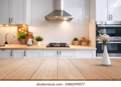 kitchen table background, wood counter top on blur of white clean abstract home interior with bokeh. used for display or montage your wooden for dining background.