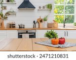 Kitchen table top for product display with blurred modern interior