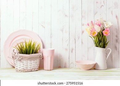 Kitchen Table Top In Rustic Shabby Chic Style, Pink Decorations