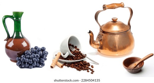 kitchen tea pot cup set on white background, Colorful digital wall tiles design for kitchen, with fruit set on white background