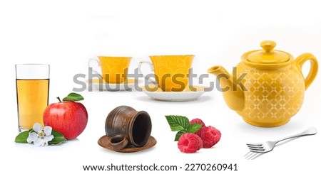 kitchen tea pot cup set on white background, Colorful digital wall tiles design for kitchen, with fruit set on white background