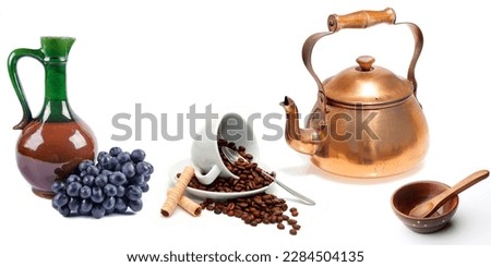 kitchen tea pot cup set on white background, Colorful digital wall tiles design for kitchen, with fruit set on white background