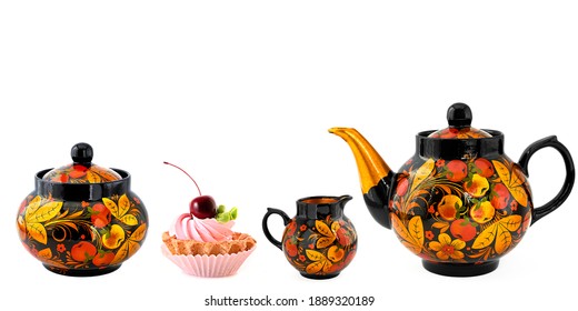 kitchen teapot cup set on white background for wall tiles