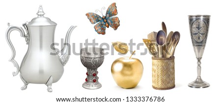 kitchen teapot cup set on white background 