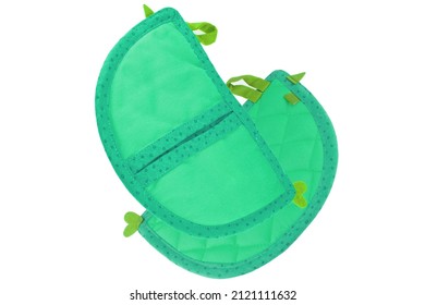 Kitchen Textiles. Colorful Green Pot Holders With Hearts For Hot Things In Kitchen Isolated On A White Background. Top View.