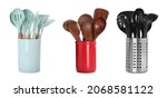 Kitchen tool sets in holders on white background, collage. Banner design