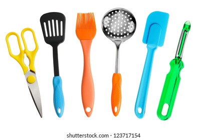 Kitchen Tools. Scissors, Blade, Brush, Skimmer, Potato Peeler. Isolated On White.