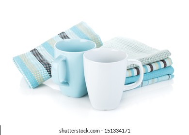 Kitchen Towels And Tea Cups. Isolated On White Background