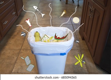 Kitchen Trash Can With  Wafting Smells Inside Home.