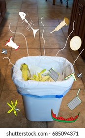 Kitchen Trash Can With Wafting Smells Inside Home.