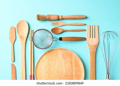 Kitchen Utensil For Cooking On Color Background, Flat Lay