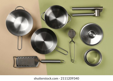 Kitchen Utensil On Two Tone Background, Top View.