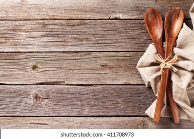 Kitchen Utensil Over Wooden Table Background. View From Above With Copy Space