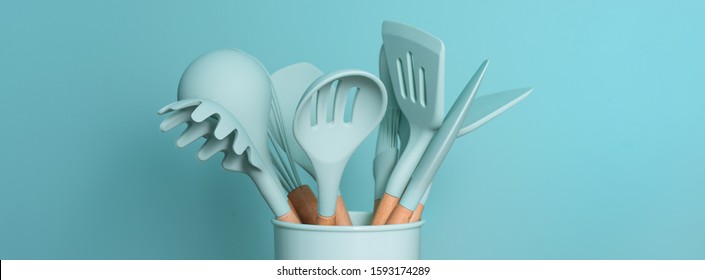 Kitchen Utensils Background With Copyspace, Home Kitchen Decor Concept, Kitchen Tools, Rubber Accessories In Container. Restaurant, Cooking, Culinary, Kitchen Theme. Silicone Spatulas And Brushes