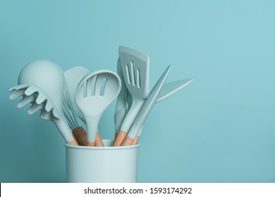 Kitchen Utensils Background With Copyspace, Home Kitchen Decor Concept, Kitchen Tools, Rubber Accessories In Container. Restaurant, Cooking, Culinary, Kitchen Theme. Silicone Spatulas And Brushes