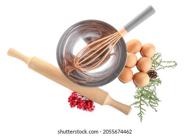 Kitchen Utensils For Christmas Bakery On White Background