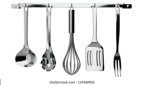 kitchen utensils hanging on white background - Shutterstock ID 119468905