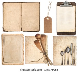 kitchen utensils, old cookbook, pages and clipboard isolated on white background. Grandma's recipes book concept