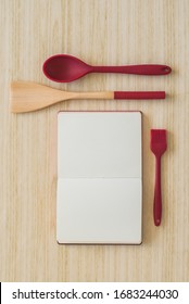 Kitchen Utensils And Recipe Book Mockup Flat Lay On A Wood Background