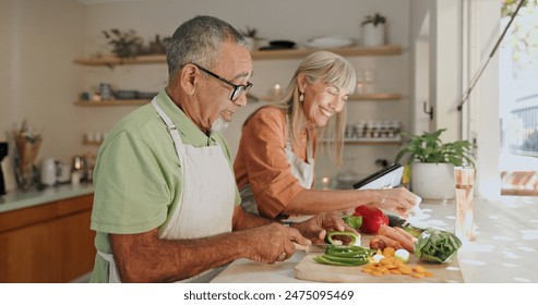 Kitchen, vegetables and elderly couple with cooking for healthy dinner, nutrition or bonding. Retirement, senior man and woman with ingredients at home for meal prep, support or happiness in marriage - Powered by Shutterstock