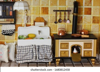 Kitchen In Victorian Style. Stove, Sink And  Household Utensils  In Victorian Doll House Interior