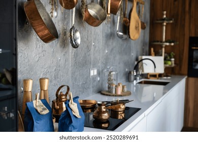 Kitchen wall rack for hanging pots, pans, aprons, and other utensils for efficient organization, storage and decor - Powered by Shutterstock