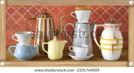 Kitchen wall tiles design,multicolour and creative ceramic tiles,cup, mug, crockery, jug,spoon,with redcolor background , kitchen art graphics and wallpaper with wood kitchen