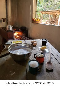 Kitchen With Wood Stove With Pans For Cookie Recipe