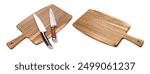 Kitchen wooden board with knife on white background